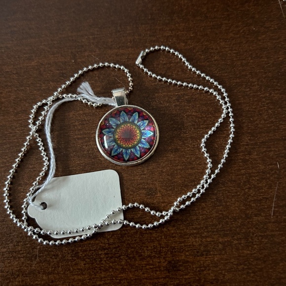 MANDALA PATTERN PENDANT NECKLACE, HANDMADE, GLASS DOME ON METAL, 23 INCH SILVER- - Picture 2 of 5